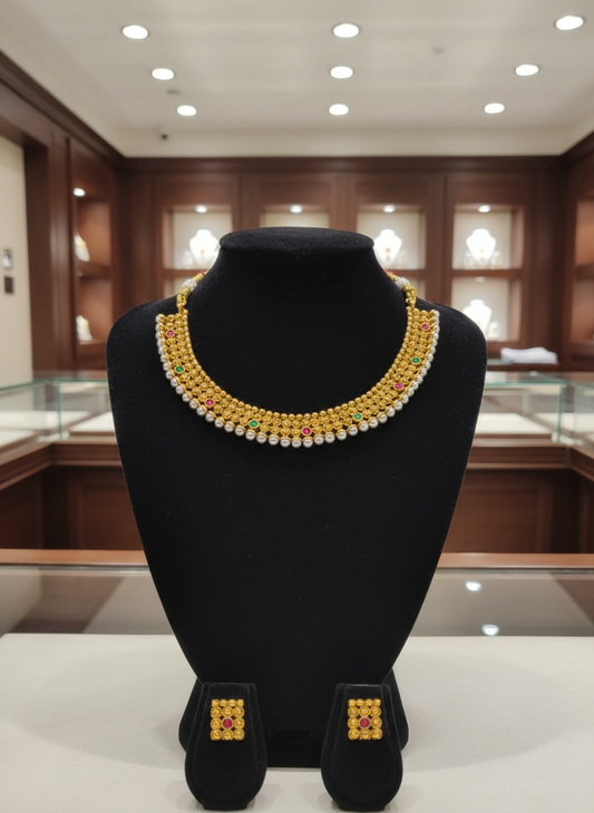 Gold Ball Choker Necklace Set with Pearls and Kemp Stones