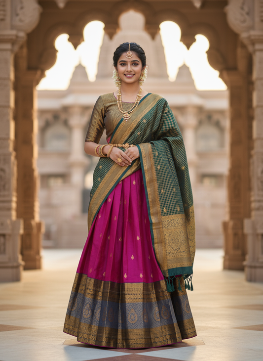 Pink and Copper Bloom Silk Davani Set (Stitched, Sleeveless – Extra Sleeve Provided)