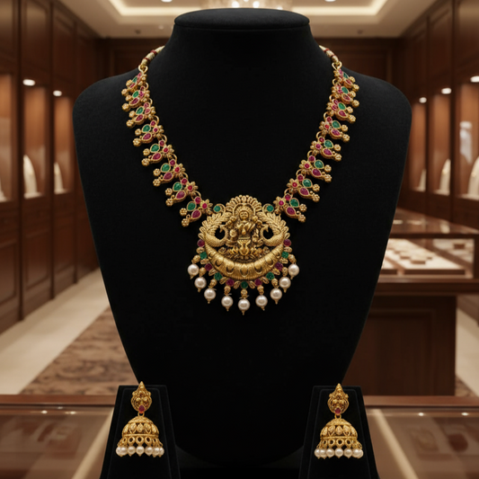 Antique Lakshmi Temple Necklace Set with Beads and Jhumkas