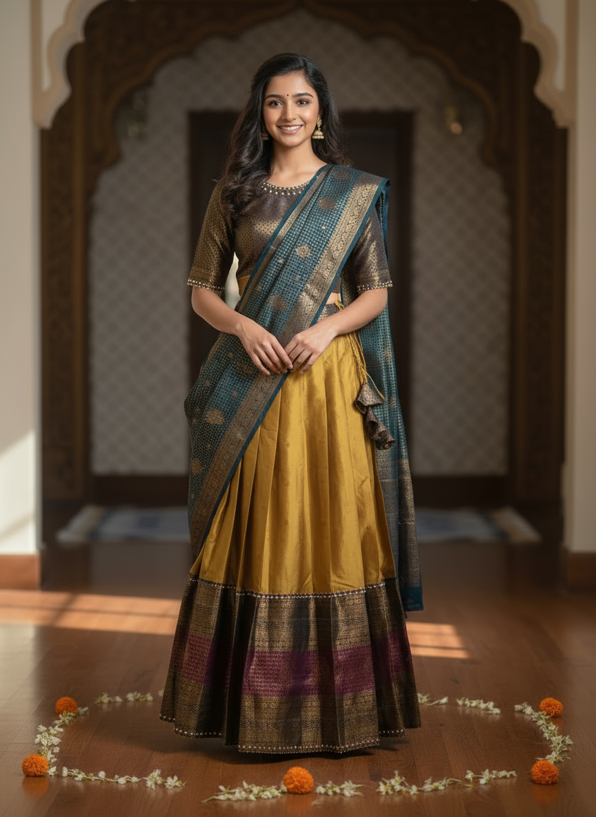 Yellowish-brown and Copper Bloom Silk Davani Set (Stitched, Sleeveless – Extra Sleeve Provided)
