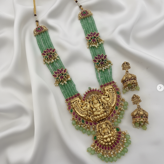 Lakshmi Mint Green Pearl Beads Antique Long Haram