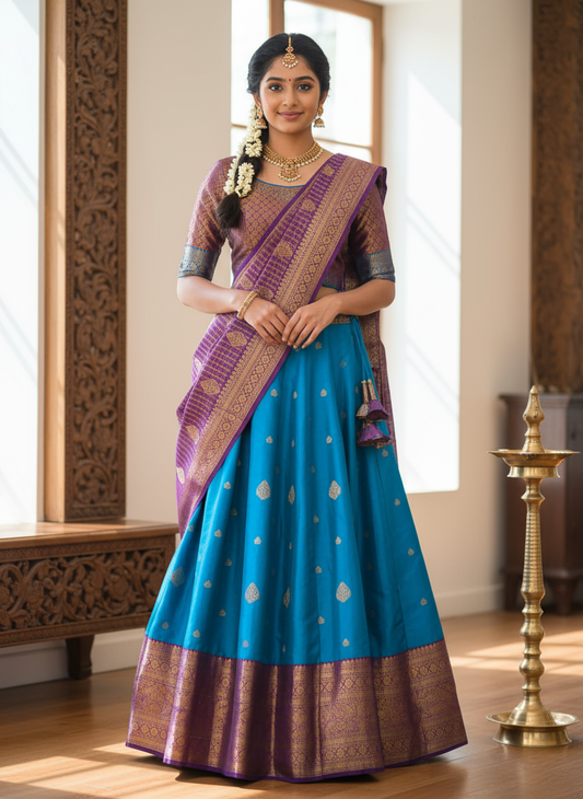 Blue and Copper Bloom Silk Davani Set (Stitched, Sleeveless – Extra Sleeve Provided)