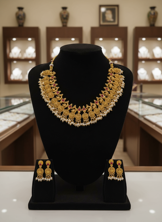 Temple-Style Lakshmi Coin & Pearl Necklace Set
