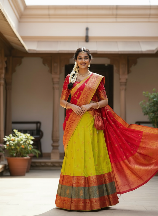 Lemon and Copper Bloom Silk Davani Set (Stitched, Sleeveless – Extra Sleeve Provided)