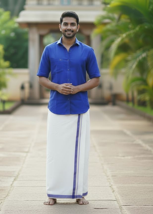 Cotton White Mundu with Blue Border & Green Shirt