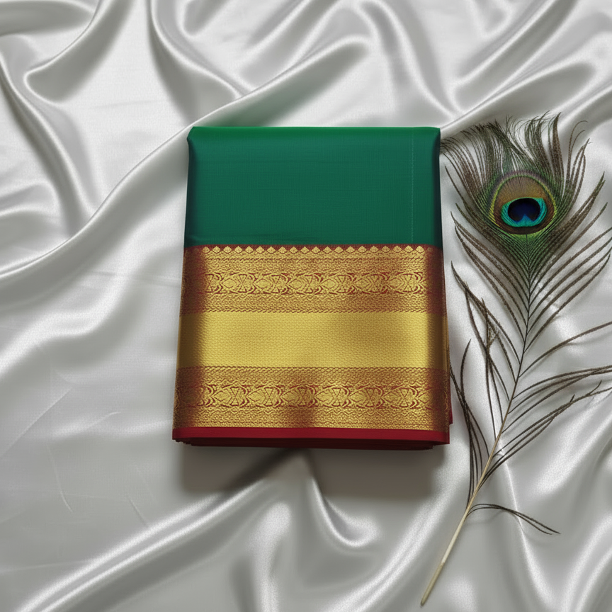 Emerald Green with  Red Border Pure Kanchipuram Silk Saree