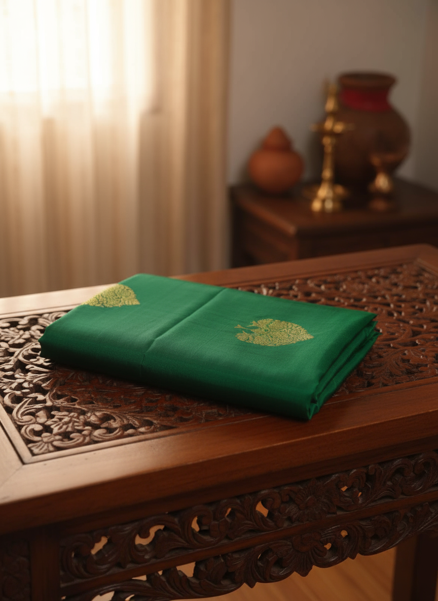 Emerald Green with  Red Border Pure Kanchipuram Silk Saree