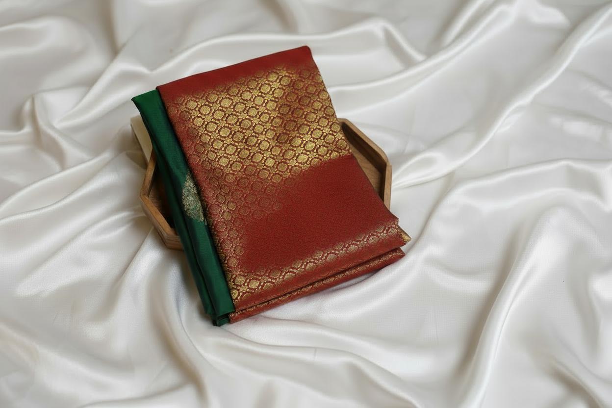 Emerald Green with  Red Border Pure Kanchipuram Silk Saree