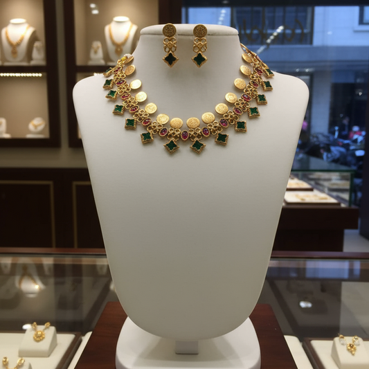 Antique Gold Coin Necklace with Ruby & Emerald Motifs