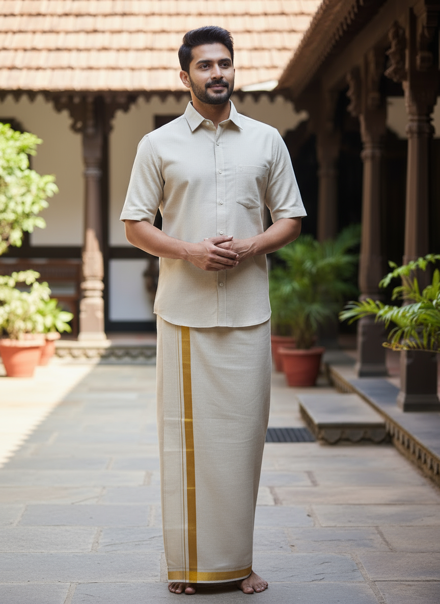 Tissue Cream color Dhoti with Subtle Golden Stripe & Matching Shirt