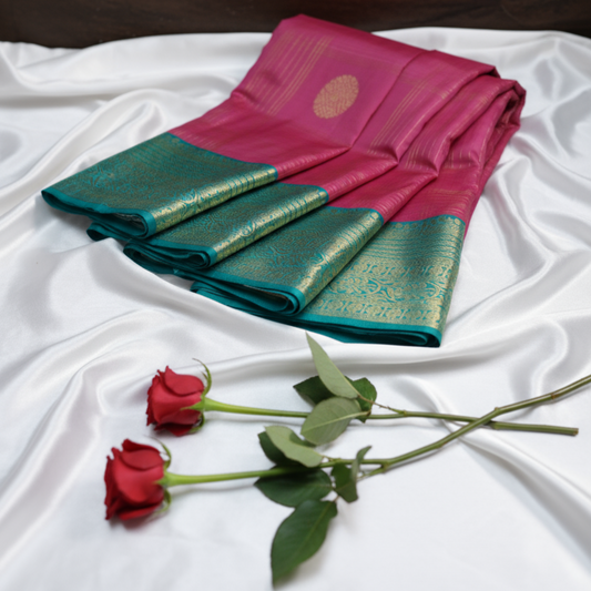 Pink & Turquoise Blue Pure Kanchipuram Silk Saree