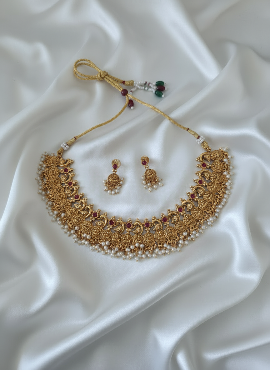 Temple-Style Lakshmi Coin & Pearl Necklace Set
