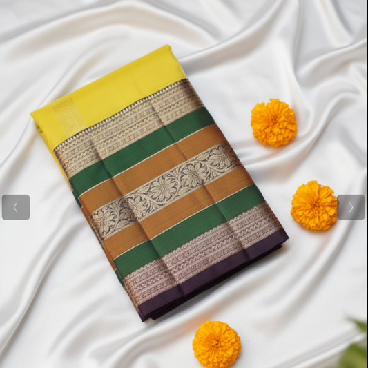 Mustard Glow with Silver Zari & Green Accents Pure Kanchipuran Silk Saree