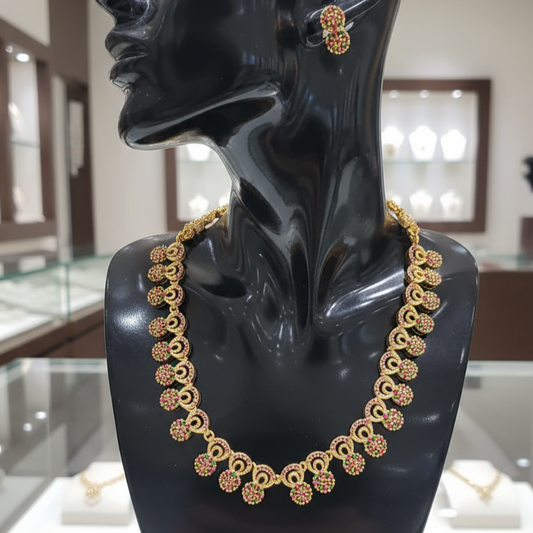 Gold Plated AD Necklace Set with Ruby and Emerald