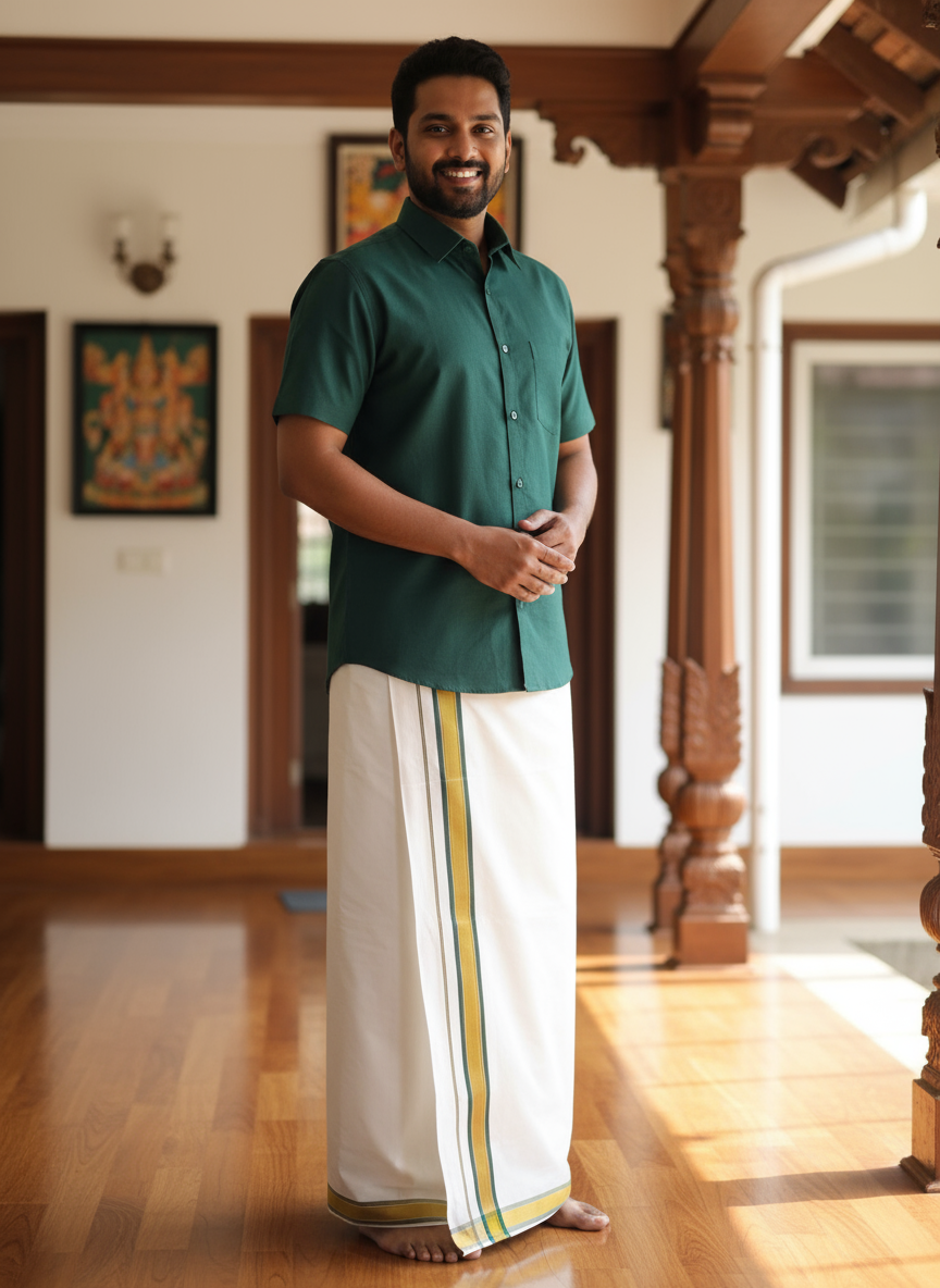 Cotton White Mundu with Green Border & Green Shirt