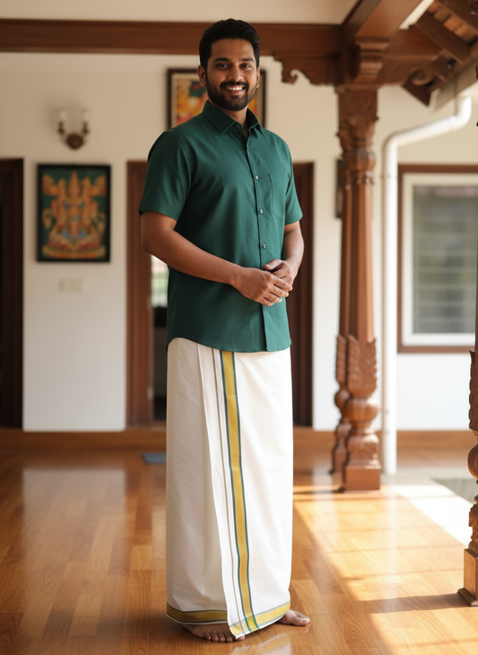 Cotton White Mundu with Green Border & Green Shirt