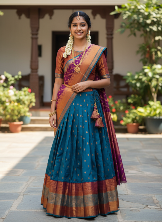 Blue Purple  and Copper Bloom Silk Davani Set (Stitched, Sleeveless – Extra Sleeve Provided)