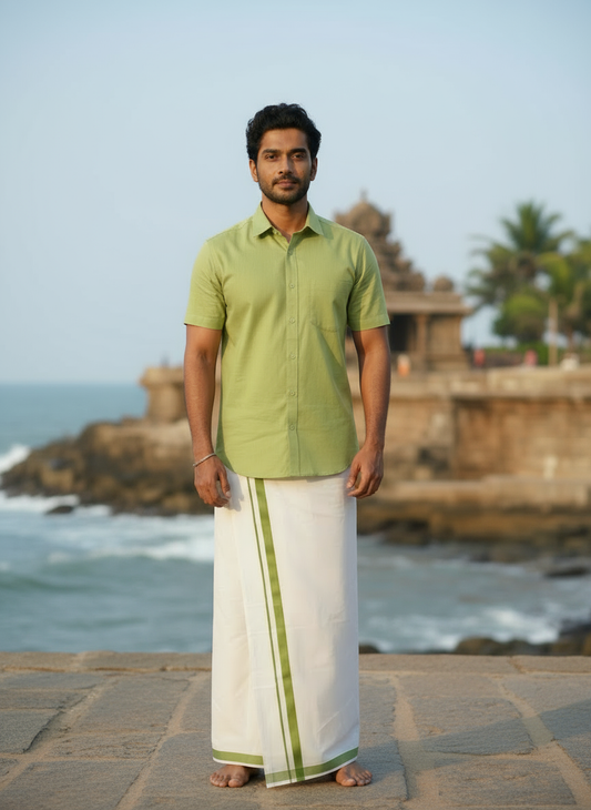 Cotton Light Green Shirt with White Dhoti (Green Border) Combo