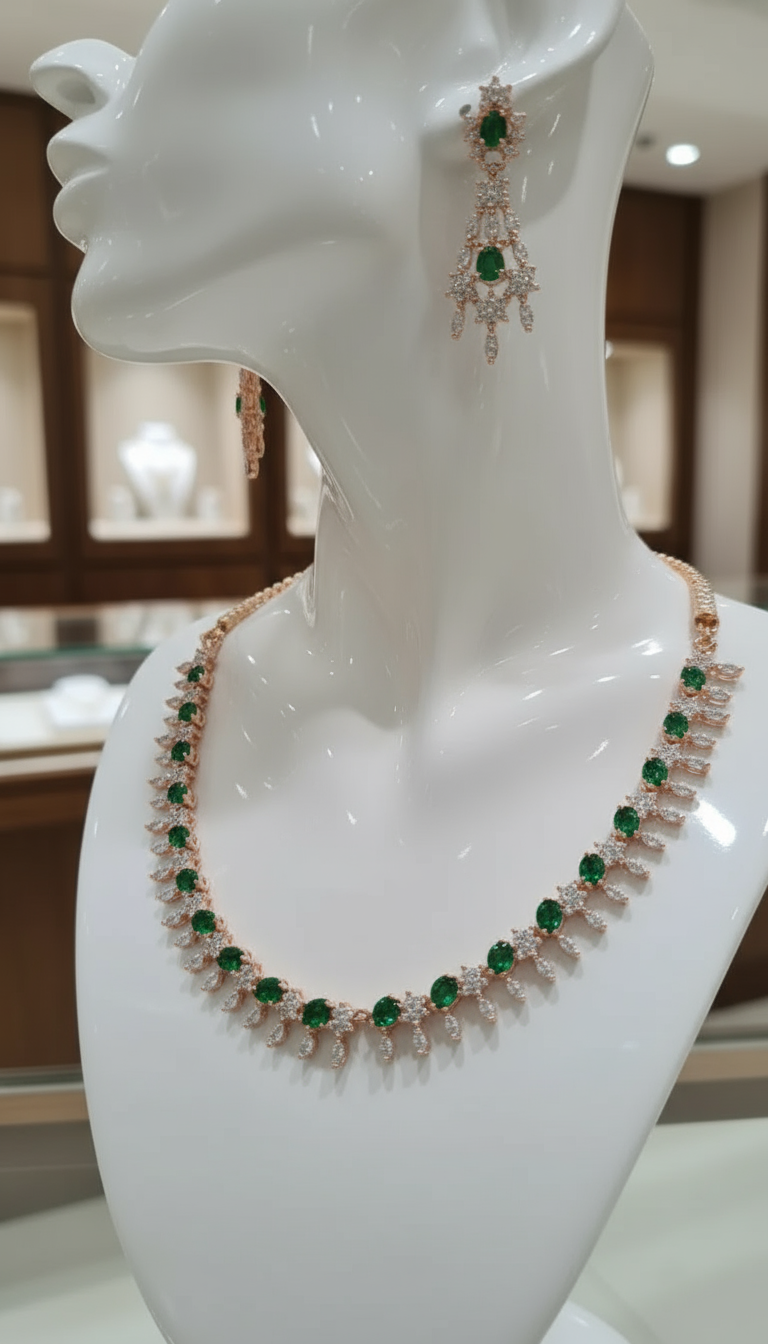 Gold Plated AD Emerald Necklace Set