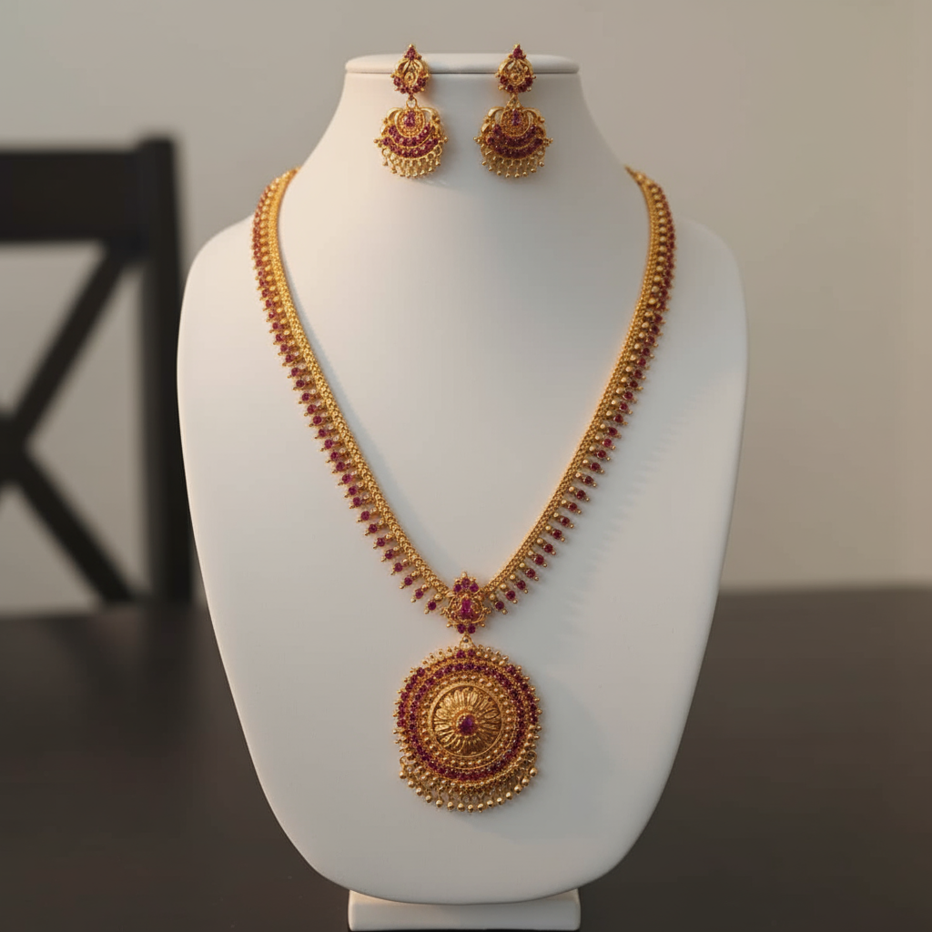 Gold Plated Ruby Pendant Necklace set