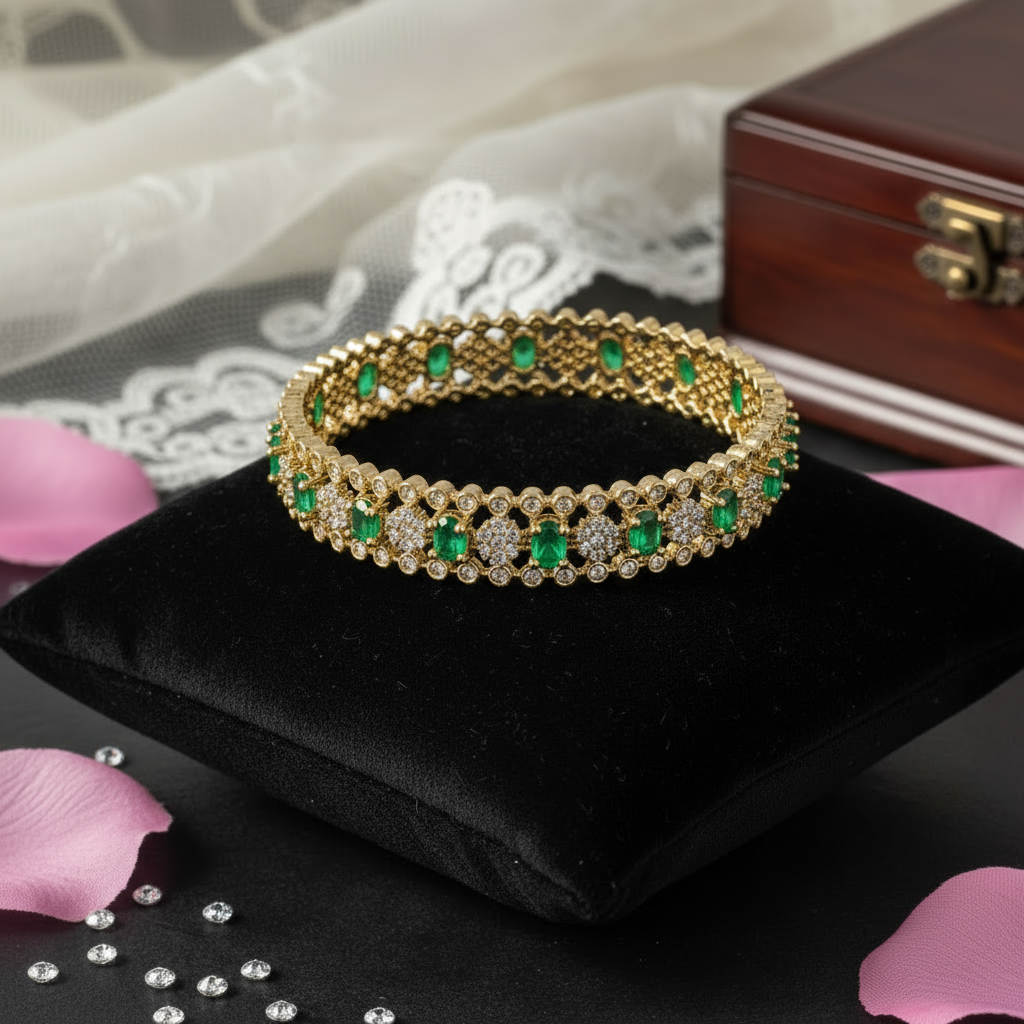 AD Bangle Green and white stones set of 2