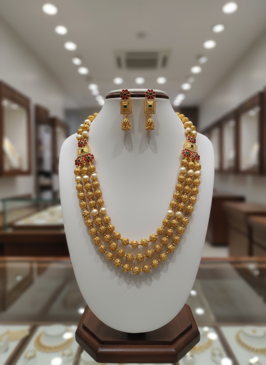 Layered Golden and Pearl Necklace set