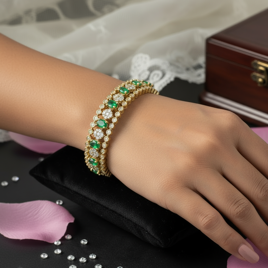 AD Bangle Green and white stones set of 2