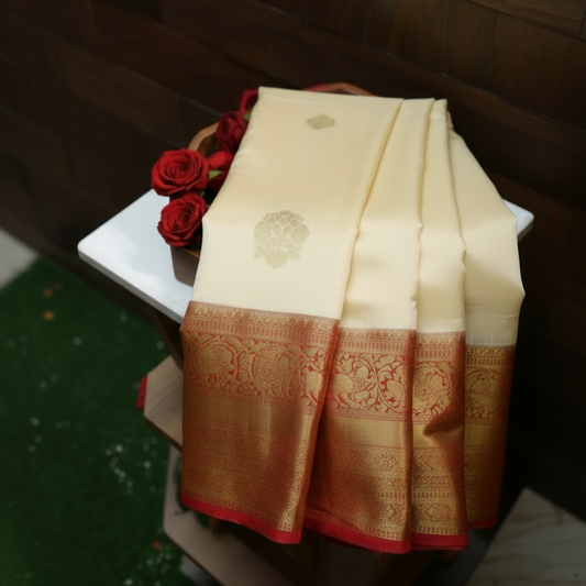 Ivory with Red Border Pure Kanchipuram Silk Saree