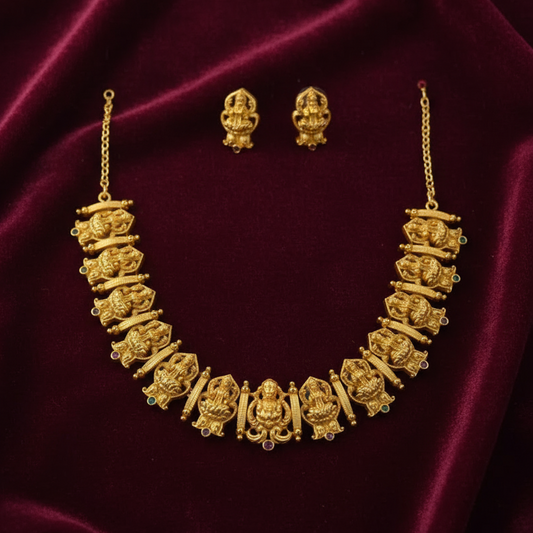 Gold Plated Temple Design Lakshmi Necklace Set