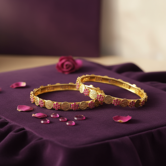Gold Plated Coin Bangle with Ruby stones set of 2