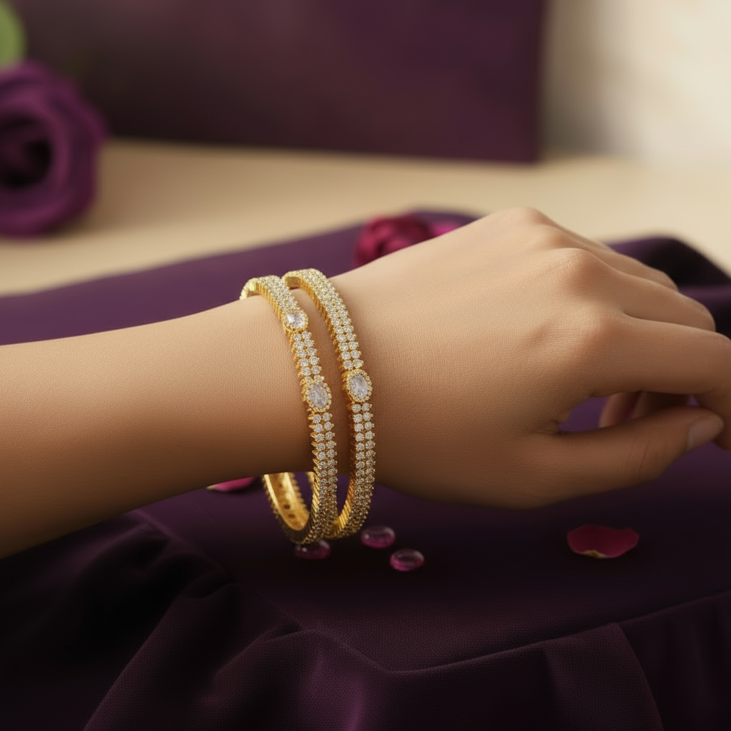 Gold Plated Bangle with  white stones set of 2