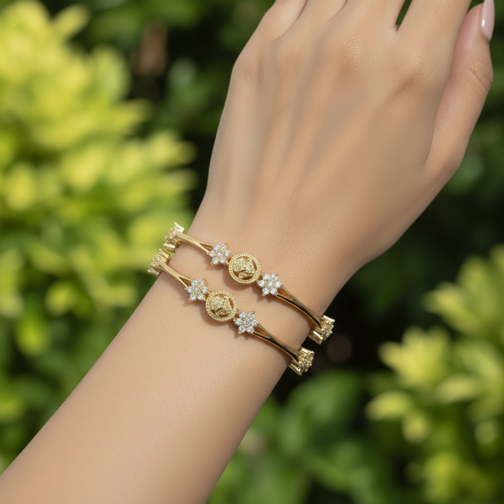 Gold Plated Lakshmi Bangle with white stones set of 2