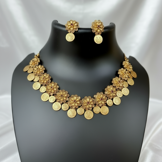 Floral Coin Necklace Set with Antique Finish