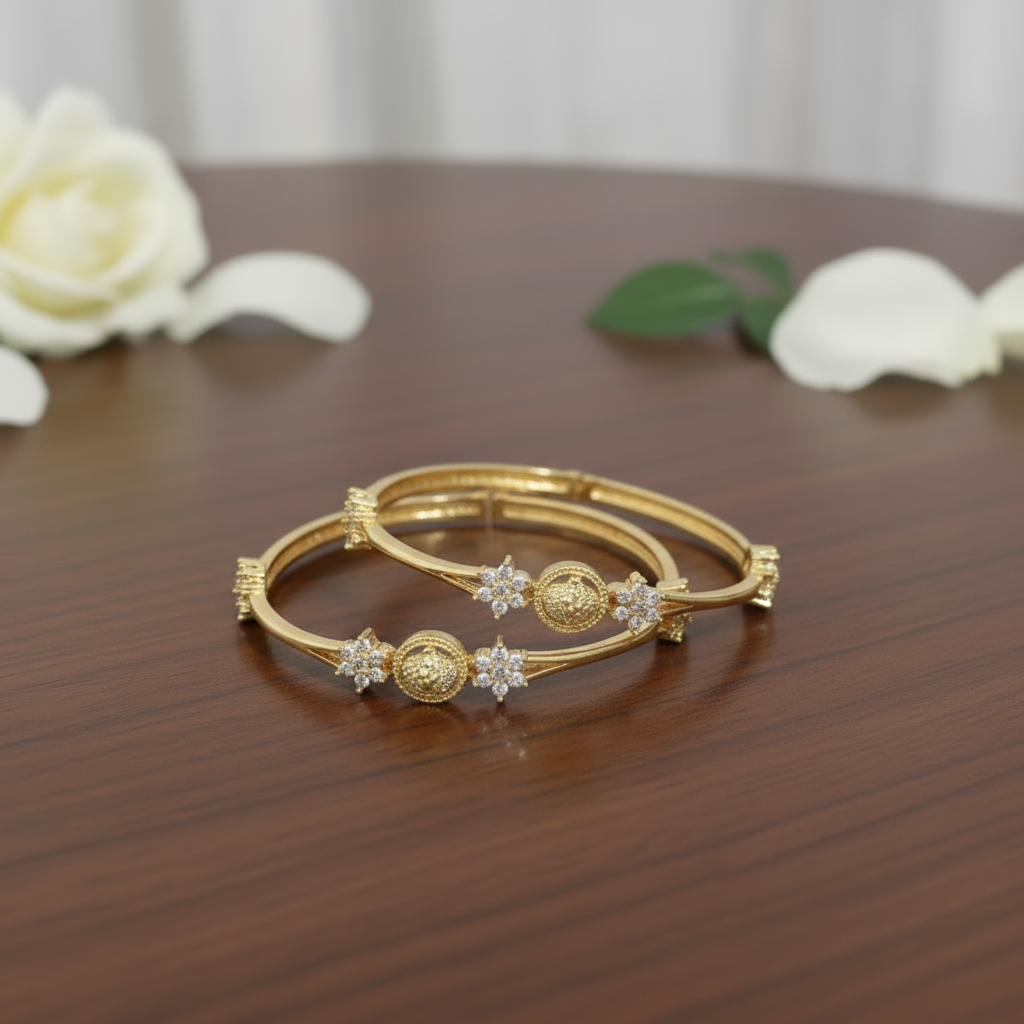 Gold Plated Lakshmi Bangle with white stones set of 2