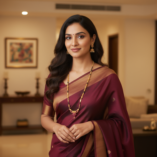 Gold Plated Long Necklace with Black Beads and Ruby stone