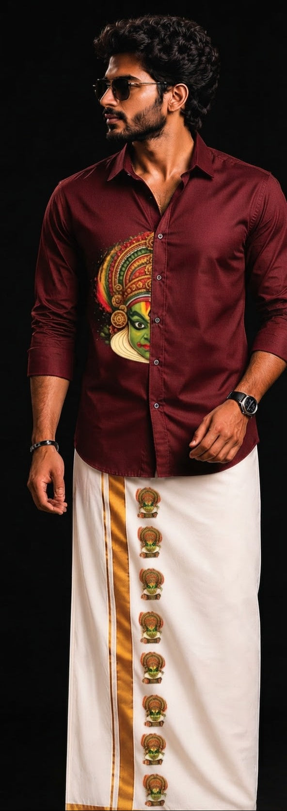 Kathakali Heritage Shirt and Mundu Maroon Combo Set