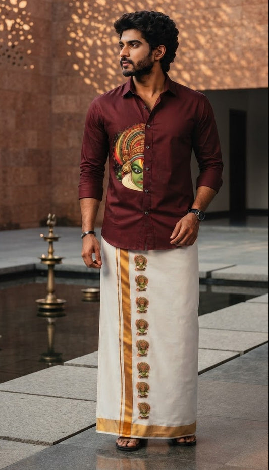 Kathakali Heritage Shirt and Mundu Maroon Combo Set