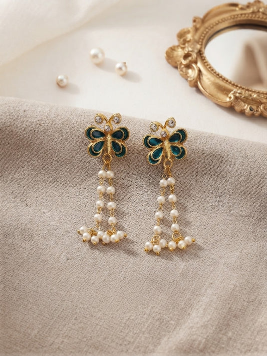 Gold-Plated Butterfly Palakka & Pearl Drop Earrings