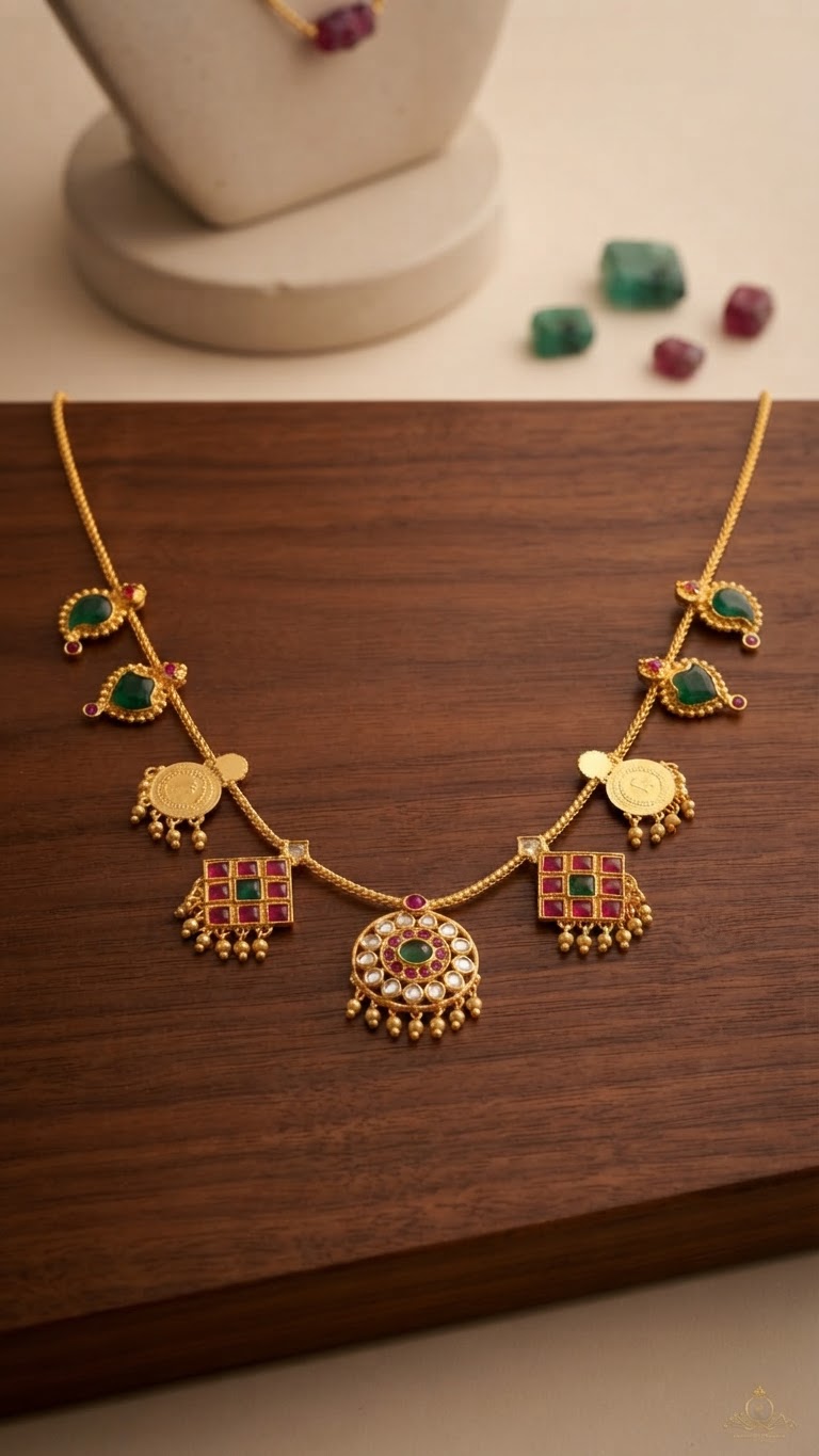 Gold Plated Premium Navaratna Heritage Pendant Necklace