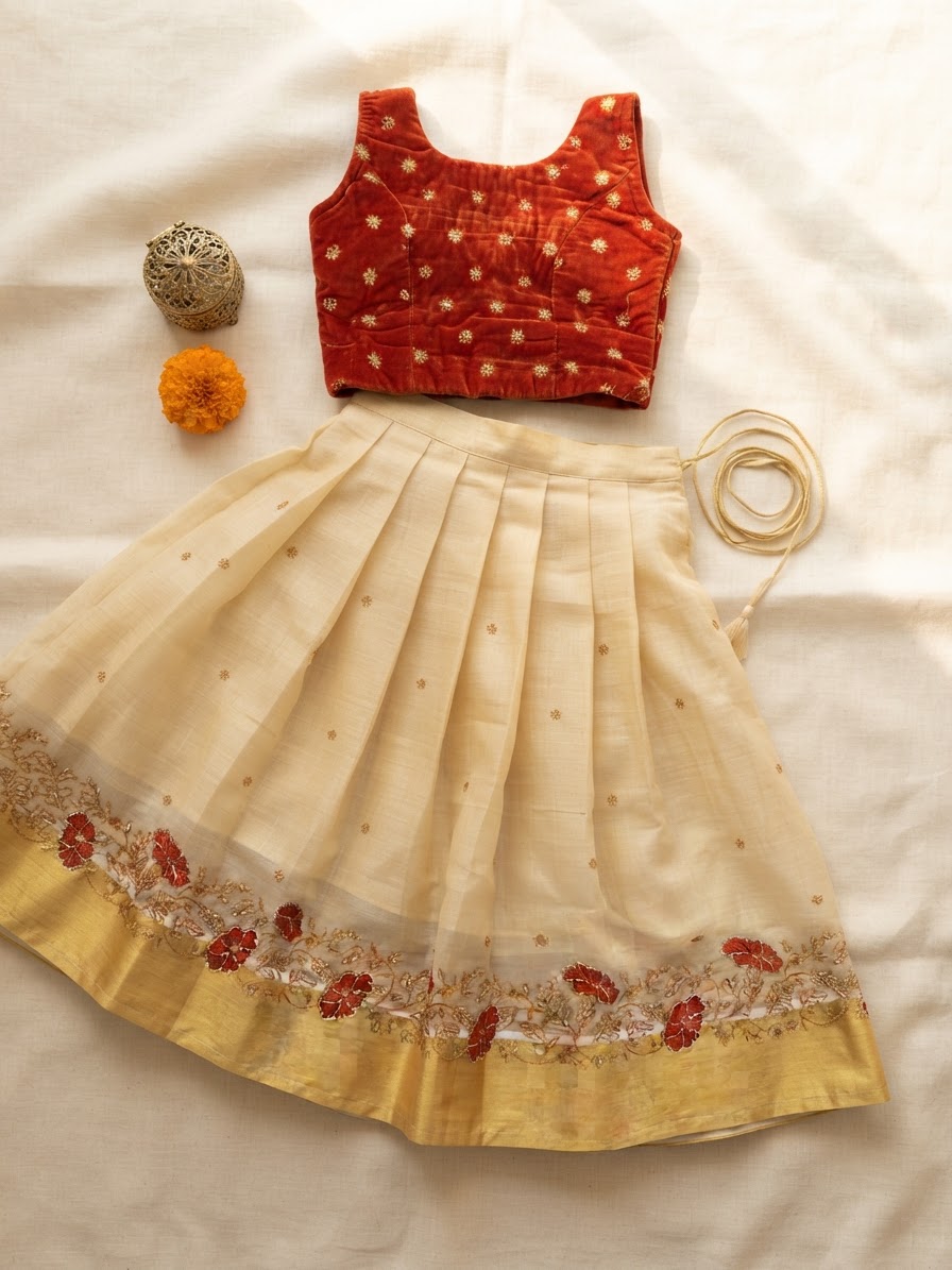 Girls' Velvet Pattu Pavadai Set – Rust & Gold