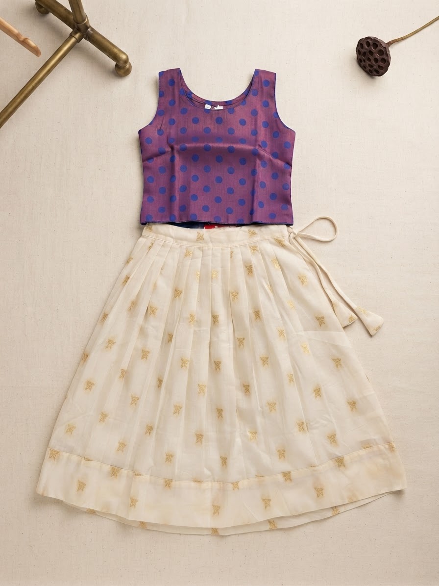 Purple Polka Dot Blouse with Off-White Skirt Set