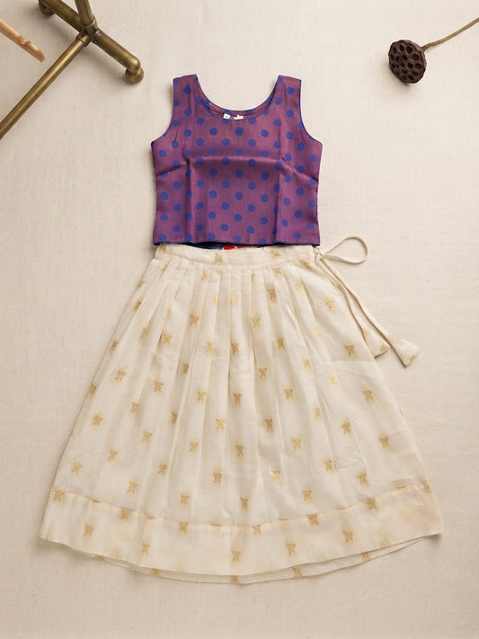 Purple Polka Dot Blouse with Off-White Skirt Set