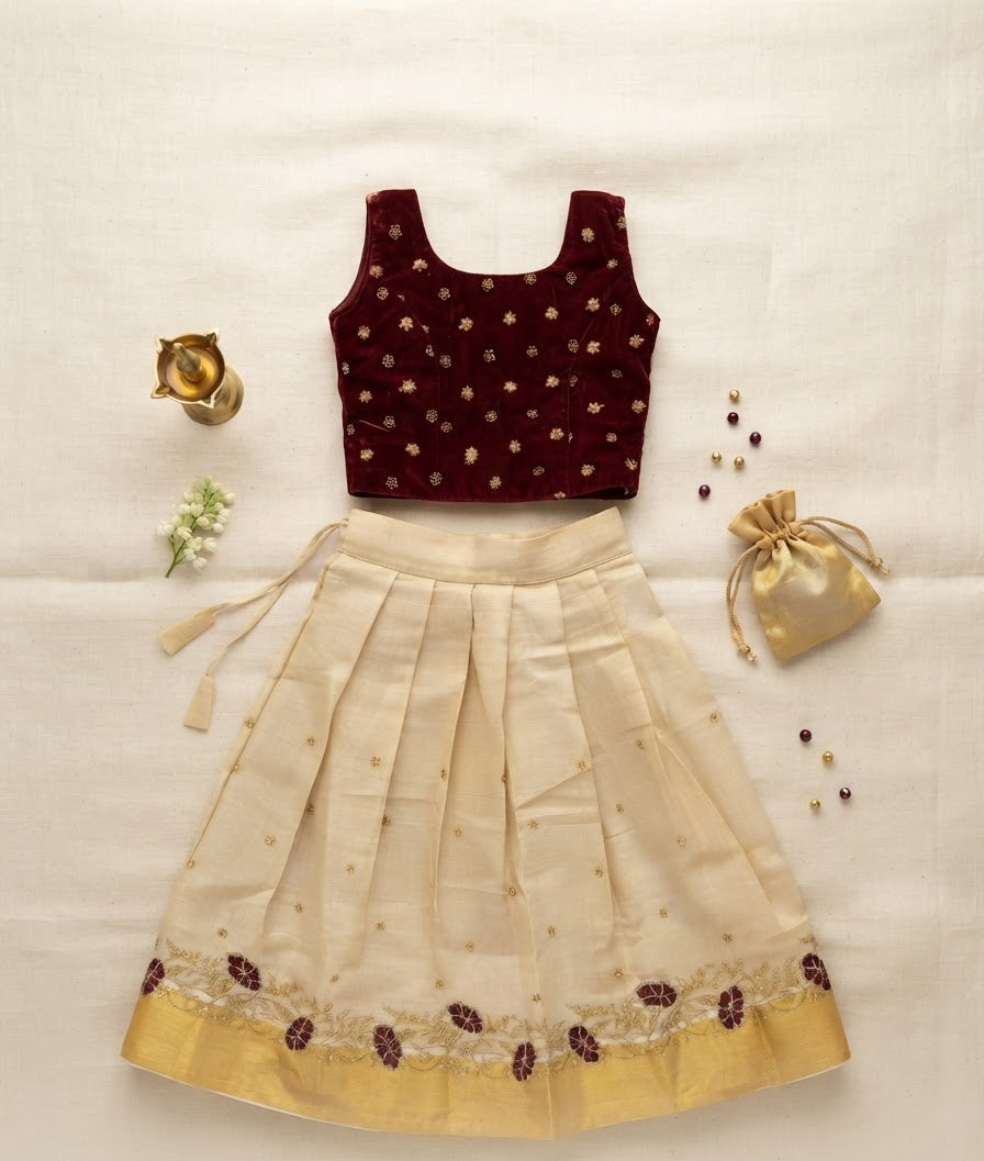 Maroon Velvet Blouse with Cream Embroidered Skirt Set