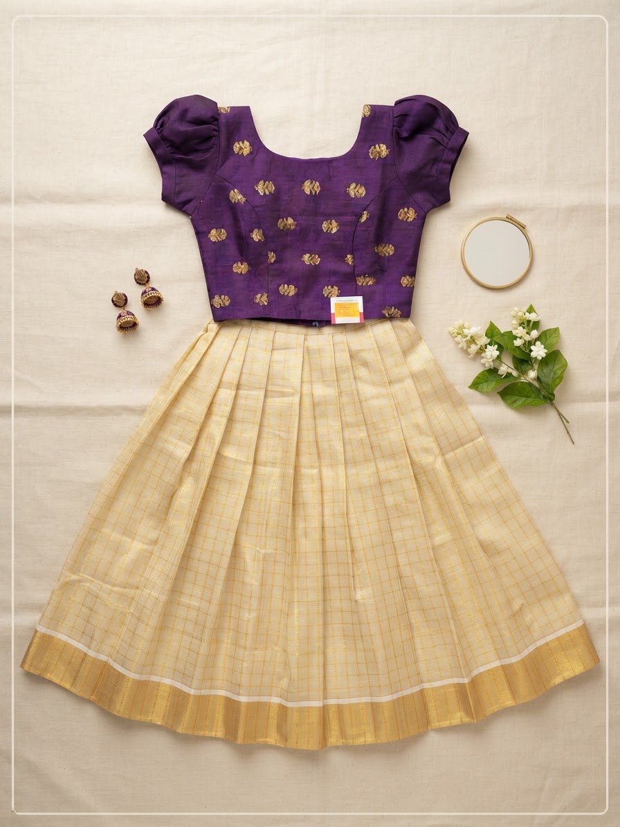 Purple Puff Sleeve Blouse with Cream & Gold Checked Kerala Skirt Set