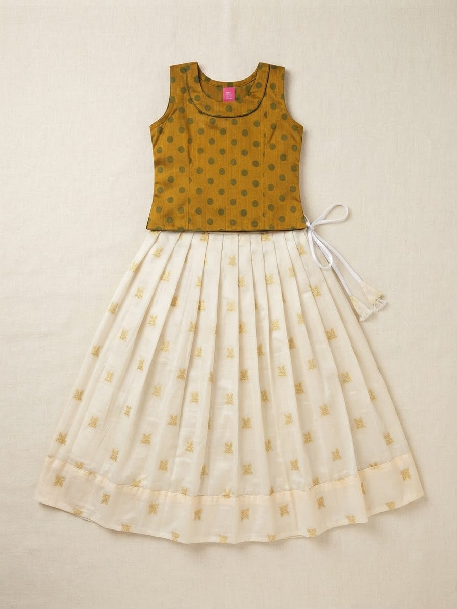 Mehandi Polka Dot Blouse with Off-White Skirt Set