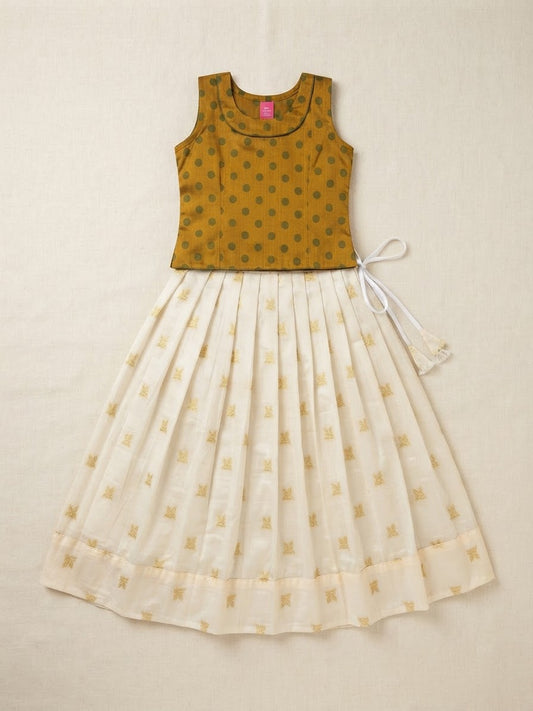 Mehandi Polka Dot Blouse with Off-White Skirt Set