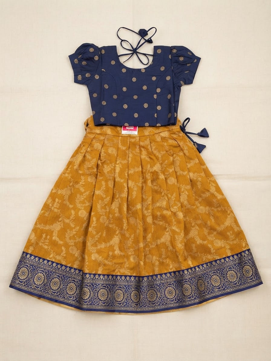 Navy Blue Blouse with Mustard Brocade Skirt – Girls Traditional Ethnic Set