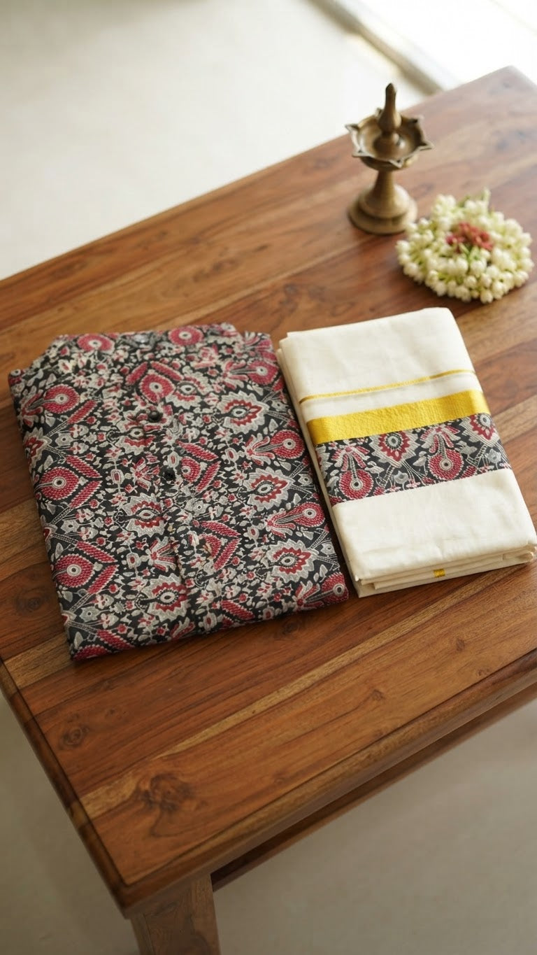 Ajrak printed short kurtha with matching dhothi