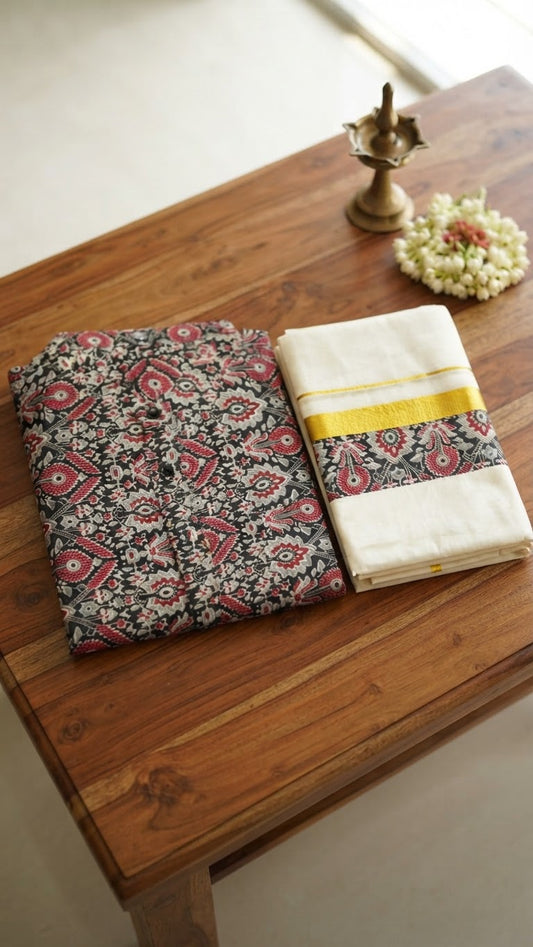 Ajrak printed short kurtha with matching dhothi