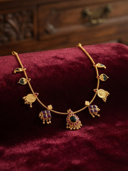 Gold Plated Premium Navaratna Heritage Pendant Necklace